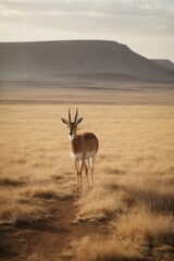 A beautiful gazelle looks into the camera against the background of the Ethiopian plains, mountains, and nature.