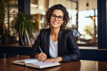 Foto op Canvas Portrait of smiling pretty young business woman in glasses sitting on workplace © Werckmeister
