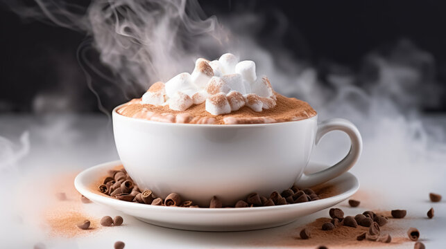 Cup of cappuccino with cinnamon and coffee beans on gray background. 