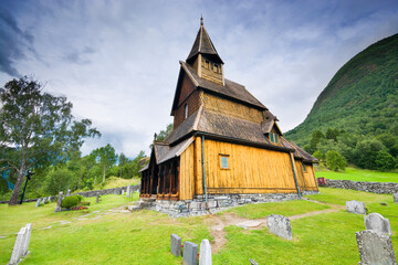 Urnes stave church in Ornes, along the Lustrafjorden, Norway