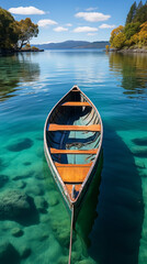 Vertical banner image of an old isolated wooden fishing boat decking and floating on clear blue...