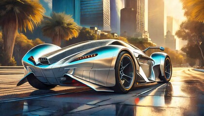 Futuristic silver racing car parked in downtown, retro, sci-fi, extremely reflective, hyper detailed, photo realistic, action shot, back light, sparkling, 