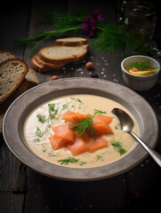 Salmon soup on the white plate on white isolated background