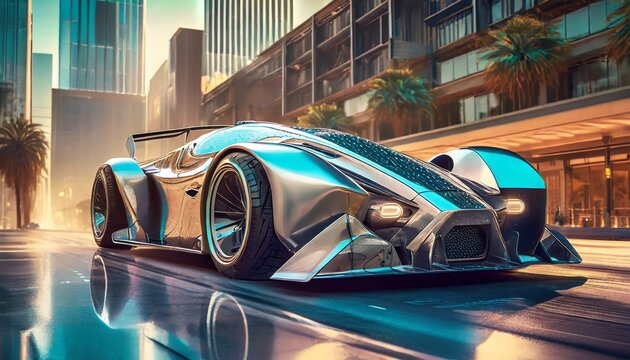 Futuristic silver racing car parked in downtown, retro, sci-fi, extremely reflective, hyper detailed, photo realistic, action shot, back light, sparkling, 
