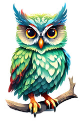 cute owls. colorful friendly owl, stickers. funny animal joyful forest or zoo birds.