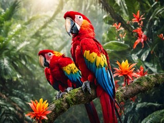 red and yellow macaw pair of parrot bird sitting on the perch