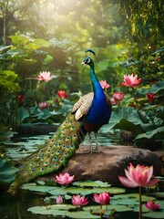 Naklejka premium beautiful peacock in the enchanted jungle , pink flowers in the background