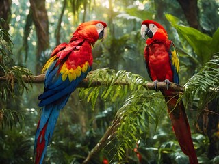 Obraz premium red and yellow macaw pair of parrot bird sitting on the perch