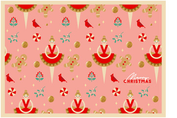 Bright Childish Seamless Christmas pattern  with Ballerina, Gingerbread man and other Christmas elements. Christmas gift wrapping paper design. Christmas wallpaper or greeting card.