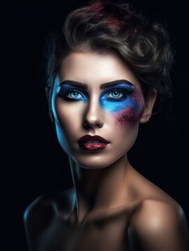 Creative fashion makeup portrait, supermodel, studio lighting, on black background