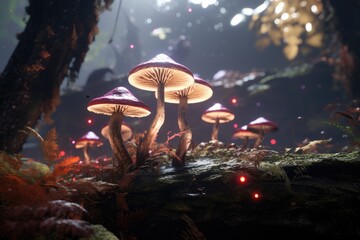 Group of multi-colored mushrooms growing on a fallen tree trunk