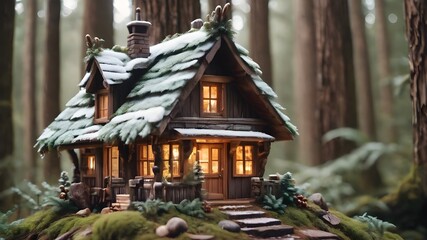 Obraz premium Cabin, Enchanted fairy house in middle of the jungle,magical forest, Christmas time , winter 