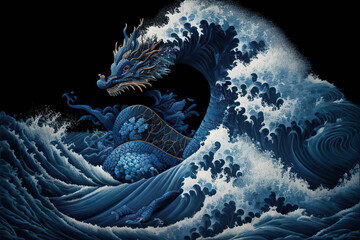 Blue water dragon in the blue ocean waves, black background, oriental painting style, Year of the Dragon, Generative AI
