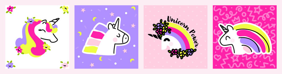 Obraz premium Unicorn with rainbow hair. Set of artistic vector illustrations of magic fairy tale animal. Trendy design for cute greeting card or funny graphic print. Editable stroke