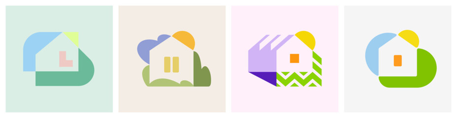 House with green trees bushes and lawn at clear blue sky with bright sun. Simple vector logo mark template or icon of building for real estate company or residential property agency