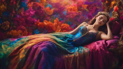 Obraz na płótnie Canvas sleeping beauty in a fantasy forest, woman sleeping beauty lies sleep on bed