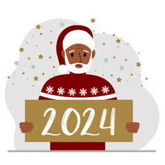A man in a Christmas red hat with snowflakes holds a Happy New Year 2024 card.