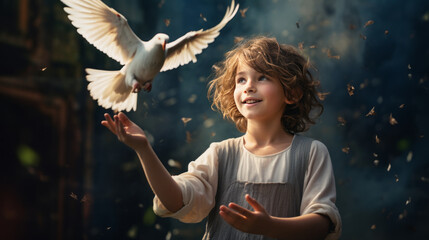 child releases a white dove on a beautiful abstract background. Surprised and happy little boy. - obrazy, fototapety, plakaty