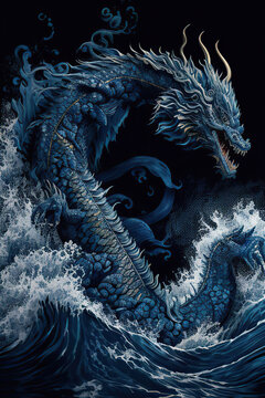 Blue chinese dragon in the waves on a black background, oriental style illustration, Generative AI