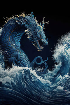 Blue chinese dragon in the waves on a black background, oriental style illustration, vertical, Generative AI