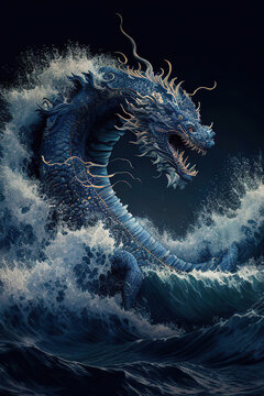 Blue water chinese dragon in the ocean waves on a dark background, oriental style illustration, Year of the Dragon, vertical, Generative AI