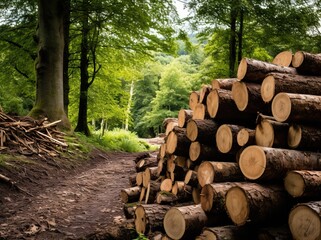 a large amount of logs are piled in a woodland