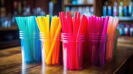 Set of straws of different colors in glass glasses on a wooden table in a cafe.