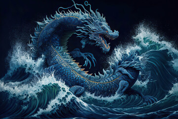 Blue water chinese dragon in the waves on a black background, oriental painting style, Year of the Dragon, Generative AI