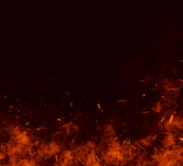 Fire embers particles over black background. Fire sparks motion blur background. Background of fiery sparks with red smoke. Abstract dark fiery particles of the brilliance of fire. Overlay effect