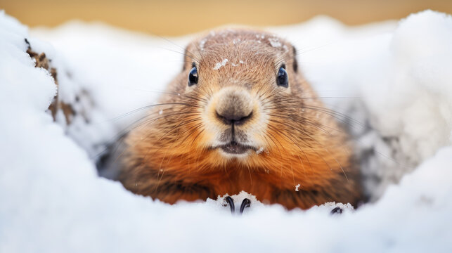 marmot near his hole, looking around against the background of melting snow.