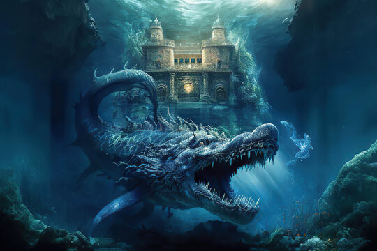 Underwater monster in the background of the underwater castle in ocean, Generative AI