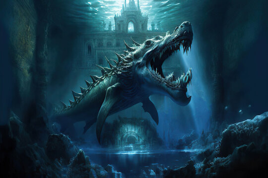 Giant underwater monster in the background of the underwater castle, Generative AI