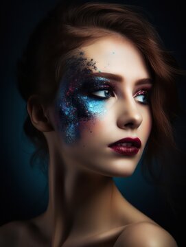 Creative fashion makeup portrait, supermodel, studio lighting, on black background