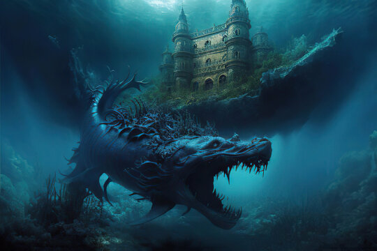 Giant scary underwater monster in the background of the underwater castle in blue water, Generative AI
