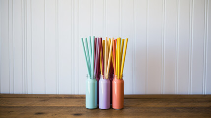 Straws for drinks in multi-colored glass flasks. - obrazy, fototapety, plakaty