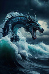 Blue water chinese dragon in the waves in a storm, Year of the Dragon, vertical, Generative AI