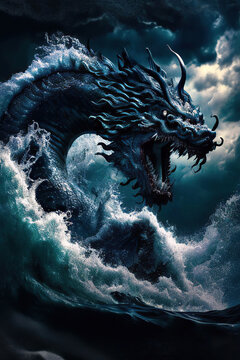Blue chinese dragon in the ocean waves in a storm, Year of the Dragon, vertical, Generative AI