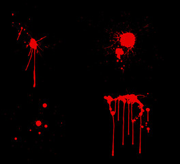 Overlay the blood effect. A collection of blood isolated on a black background. Blood elements as decoration to the design. Horror props