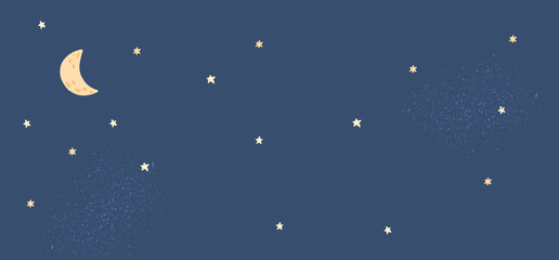 Obraz na płótnie Canvas Night sky background banner, moon and stars. Cartoon childish illustration, deep blue backdrop. Simple vector graphic.