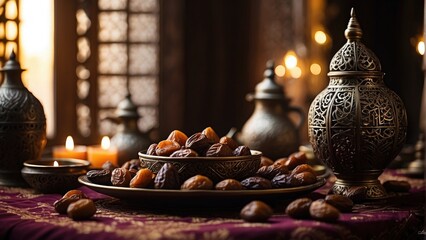 Islamic holy Ramadan dates fruits and drinks background photo