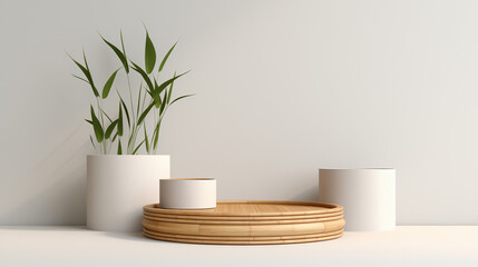 Bamboo product display podium for natural product. Empty scene with bamboo branch