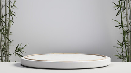 Bamboo product display podium for natural product. Empty scene with bamboo branch