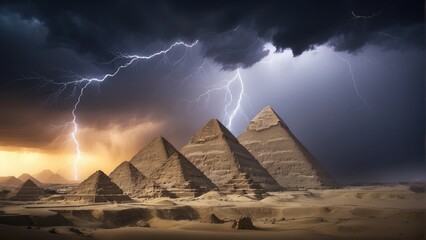 lightning over the pyramid in the night in the desert background photo - obrazy, fototapety, plakaty