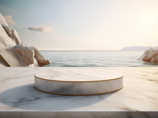 White marble podium with sea view on background. Summer background design product placement display or montage products - obrazy, fototapety, plakaty