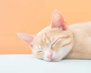 sleeping ginger cat on peach background