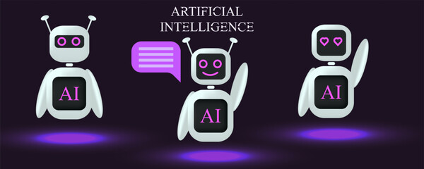 Set 3d Artificial Intelligence Character on black background. Artificial  Flying Robot background. Vector illustration can used web banner, poster and social media.