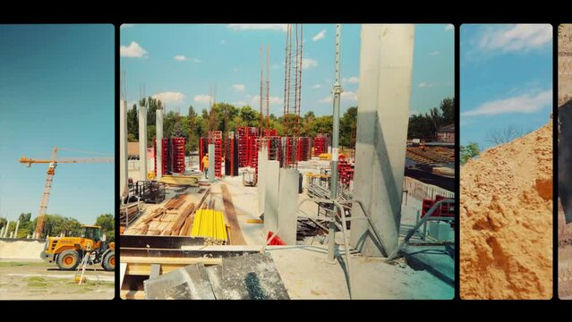 A collage of frames at a construction site. industrial exterior. Construction work at the construction site. Workers at a construction site, builders at a construction site