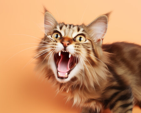 angry cat hissing on peach background
