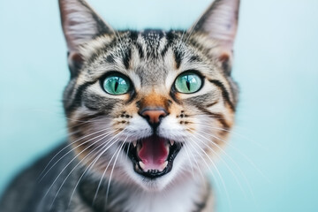pretty eyed cat with open mouth showing teeth - obrazy, fototapety, plakaty