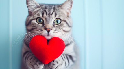 gray tabby cat holding a vibrant red heart